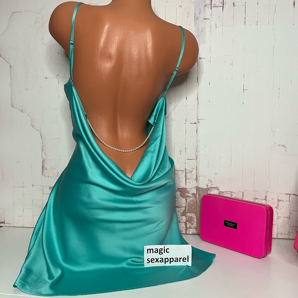 VS XL PEARLS SATIN DRAPED OPEN BACK MINI SLIP DRESS LINGERIE LOW BACK TEAL